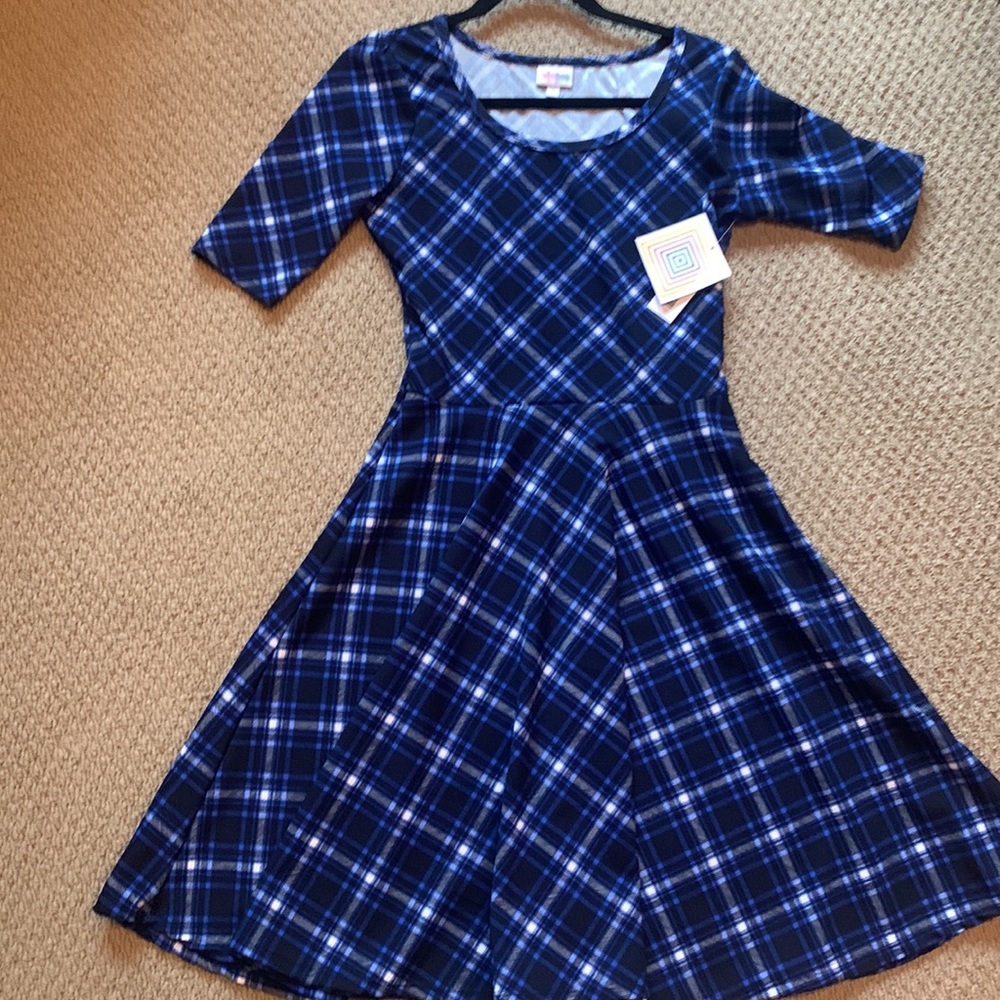 Lularoe Plaid Flared Blue Dress NWT
